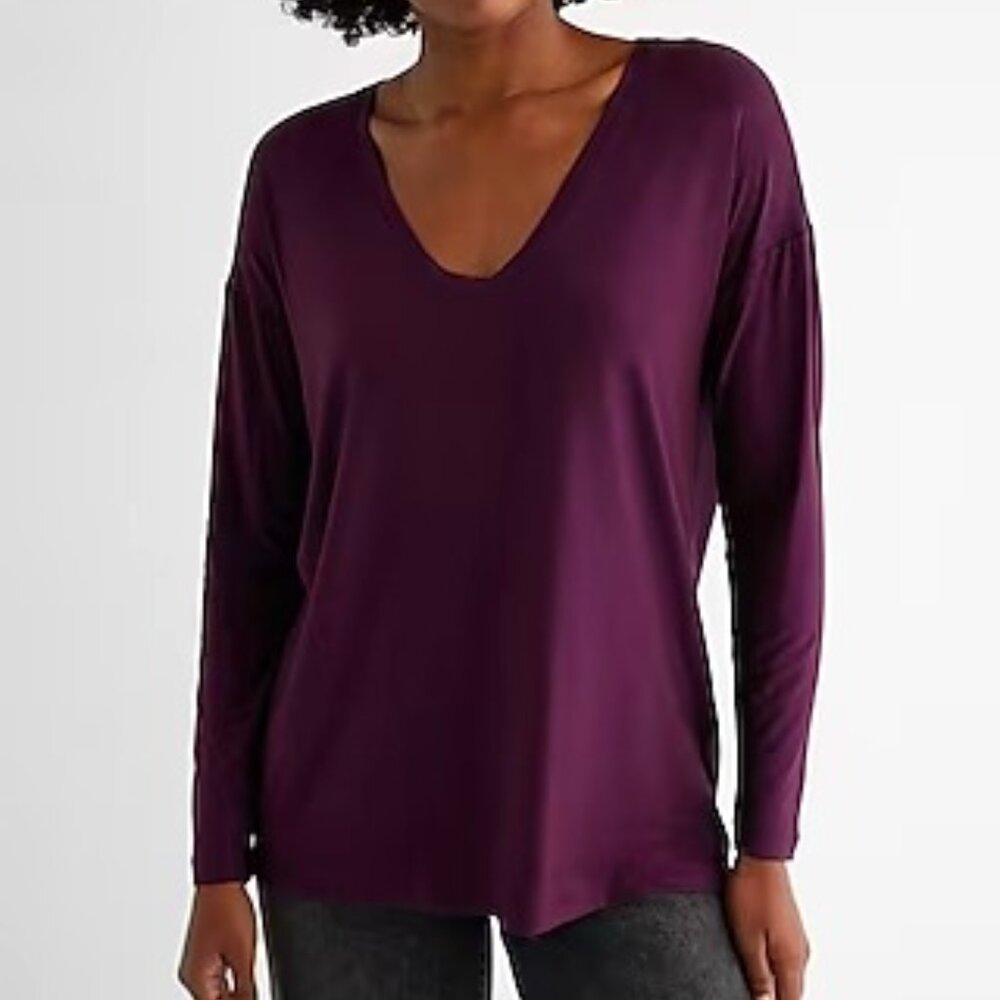 EXPRESS Supersoft Relaxed Shine V-Neck Long Sleeve Tee XL WINE